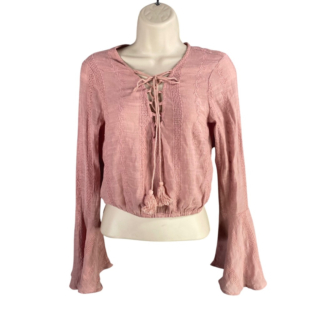 Y2k Crop Top Lace Up Bell‎ Sleeve Womens Small Boho Fairy Coquette Feminine 90s
